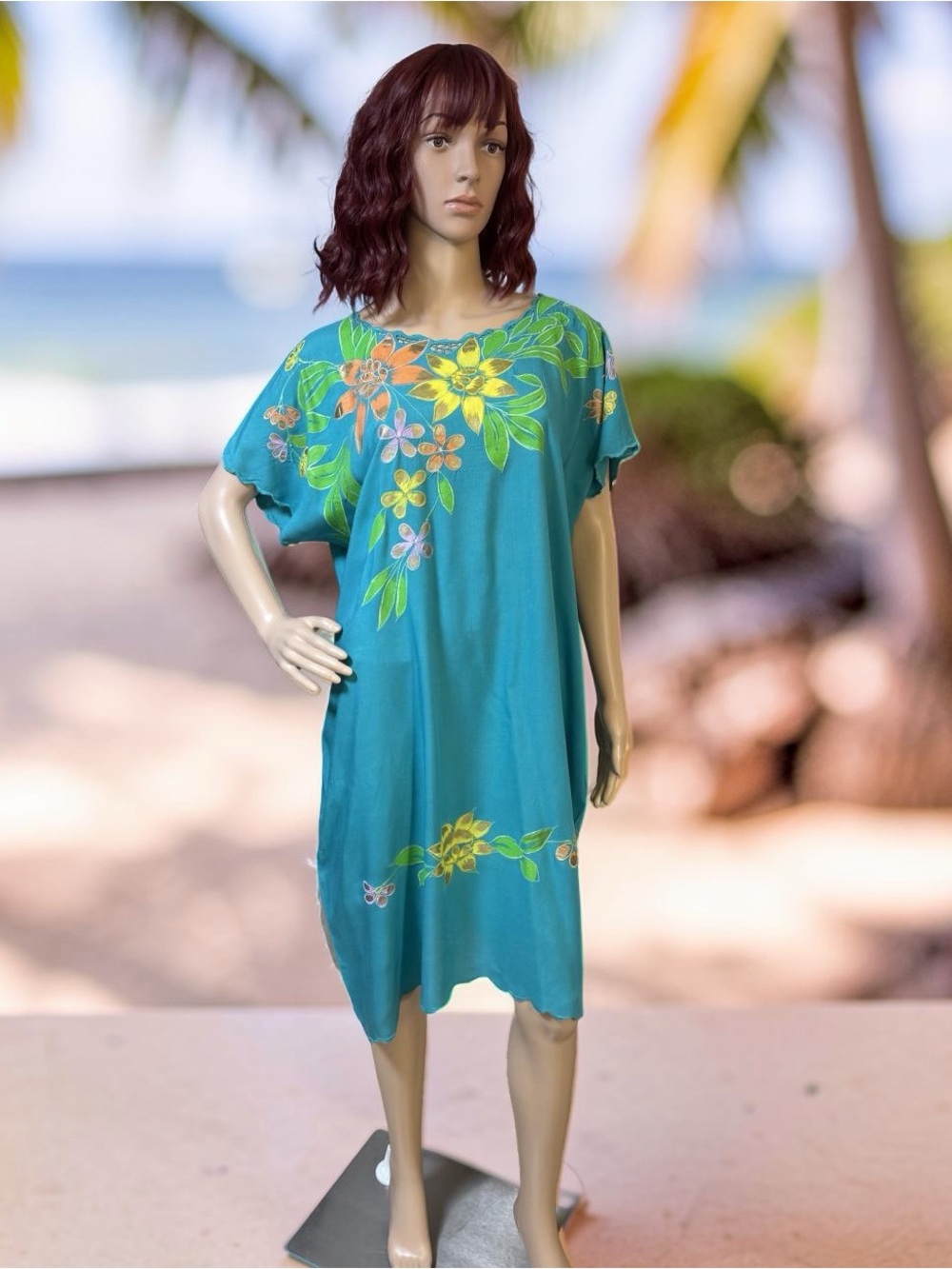Bijou EUC Sz L Vibrant Turquoise Floral Appliqué Free Flowing Midi Dress (0837)